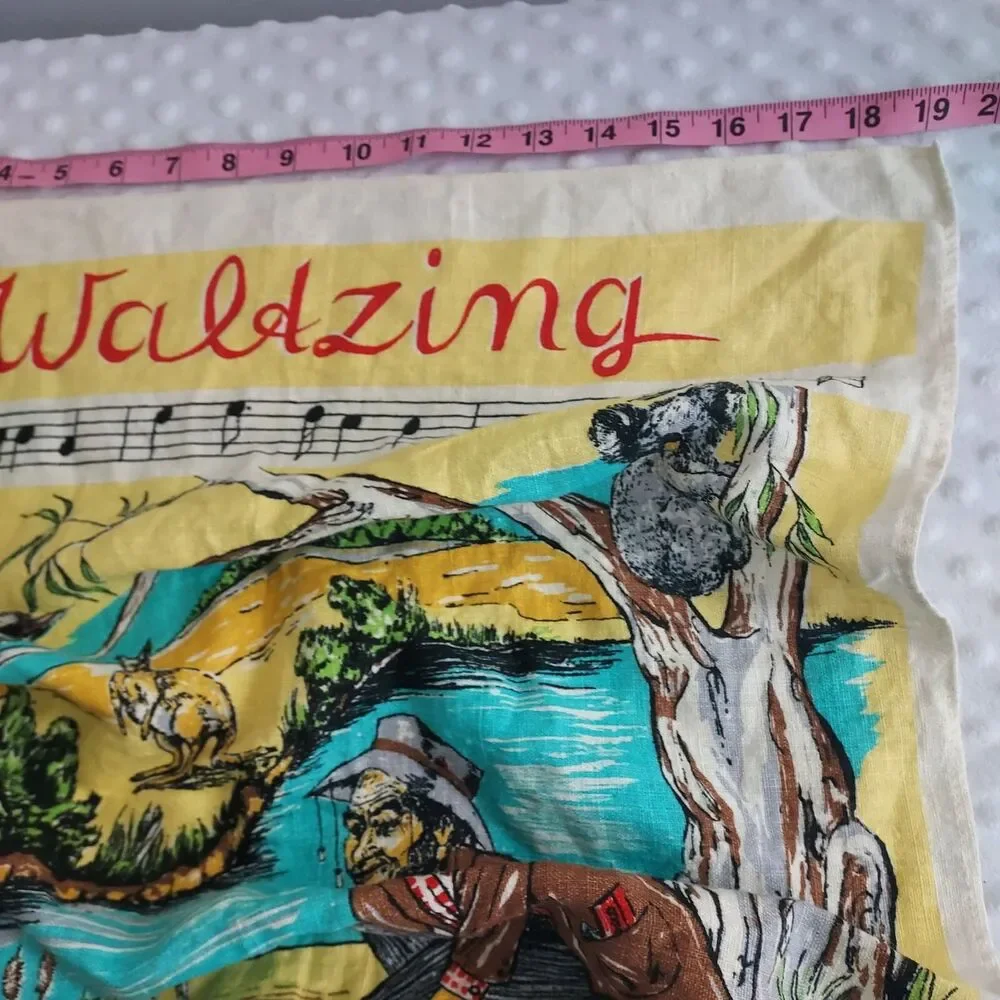 Vintage Linen Tea Towel Farmhouse Waltzing Matilda Kitchen Rag Australia Animals
